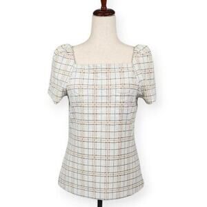 Ann Taylor Top Puff Sleeve Square Neckline Windowpane Stripes Women's Size Small